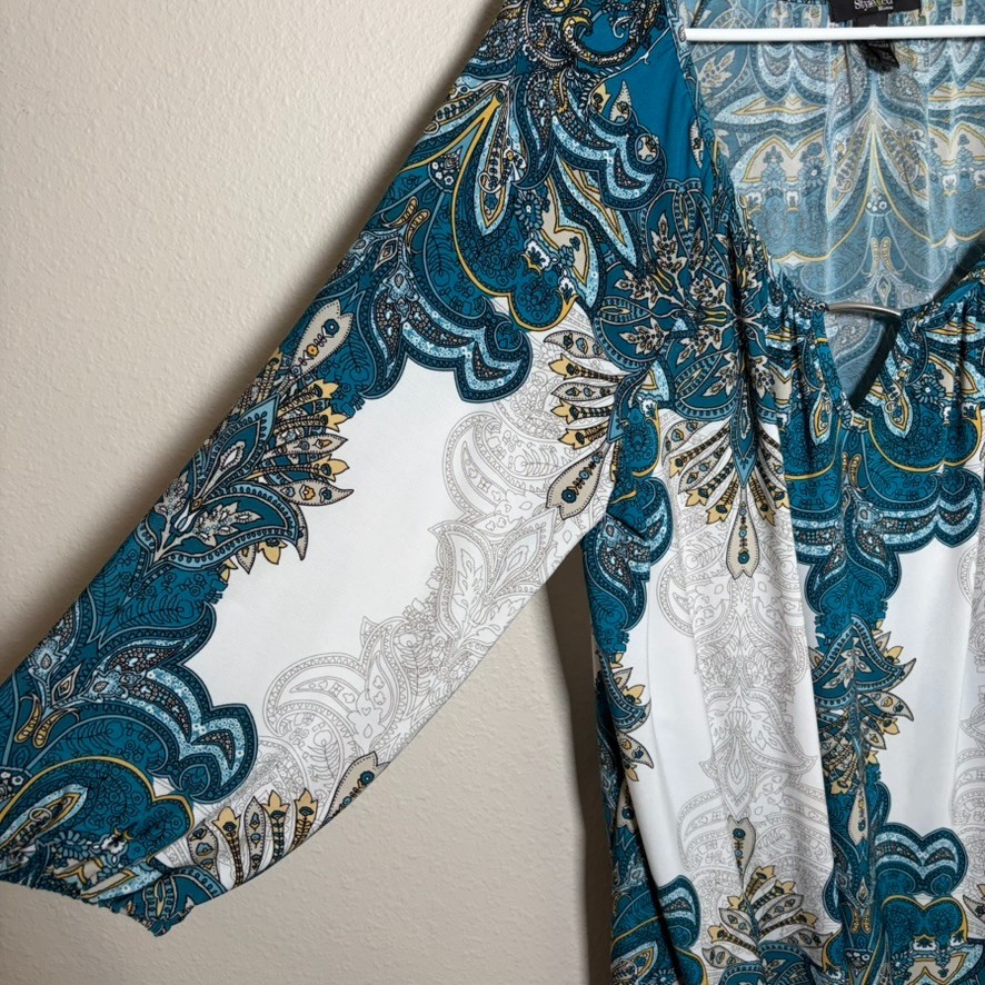 Style & Co Blouse Women's 1X Round Neck Keyhole 3/4 Sleeve Printed Tie Top