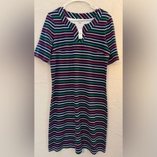 Talbots Women's Stripe Dress, Quarter Sleeves- Blue, Red, Green, White, Sz L