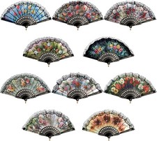 10 Pack Spanish Floral Folding Hand Fan with Plastic Side, Vintage Handheld Fold