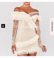 House of CB SORREL Ivory Lace Frill Mini Dress sheer Long Sleeve Polka Dota SZ L