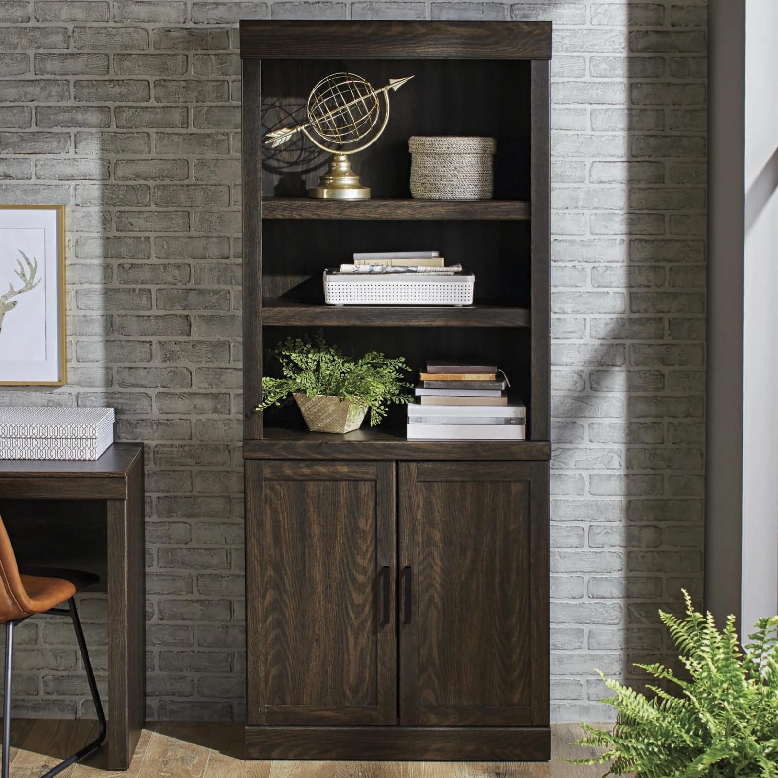 Better Homes & Gardens Glendale Elegant 5 Shelf Bookcase With Doors Dark Oak