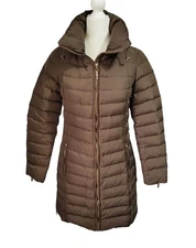 Esprit Down Feather Puffer Coat Parka Sz S? Brown Quilted Hidden Hood Zippers
