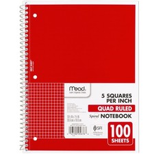 Mead Spiral Notebook, 1 Subject, Graph Ruled Paper, 7-1/2" x 1 Each, Red