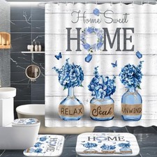 4 PCS Hydrangea Shower Curtain Sets,Home Sweet Bathroom Set with Shower Blue