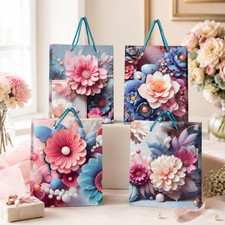 Floral Gift Bags Set 4 Foldable Paperboard Totes W/ Handles Party Birthday Pack