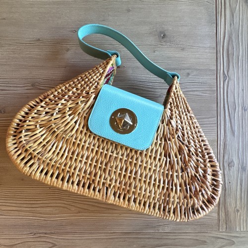 Kate Spade New York Raffia Basket Shoulder Bag Blue Strap
