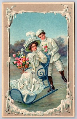 Man In Ice Skates Gives Lovely Lady In Ermine An Ice Sled Ride~Roses~Icy Border