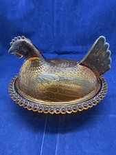 VINTAGE INDIANA GLASS AMBER CARNIVAL HEN ON NEST COVERED CANDY DISH BEADED RIM