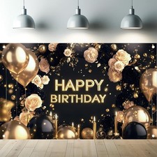 Black and Gold Happy Birthday Backdrop Banner Elegant Black Roses Balloons Go...
