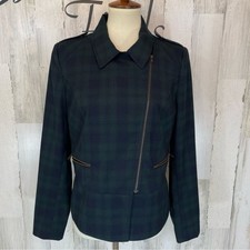 Cabi 3181 Green Navy  Tartan Plaid Asymmetrical Moto Zip Up Jacket Sz 8