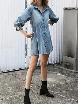 universal standard denim dress Universal Standard Hannah Dark Indigo Blue Denim Shirt Dress-XS 10-12