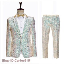 2Pcs Suits Men's Dress Blazers Pants Coat Glitter Sequins Wedding Formal Elegant