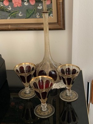 Antique 1800s Moser Cranberry Gold Gilt Decanter UnSigned Bohemian Set 3 Glasses