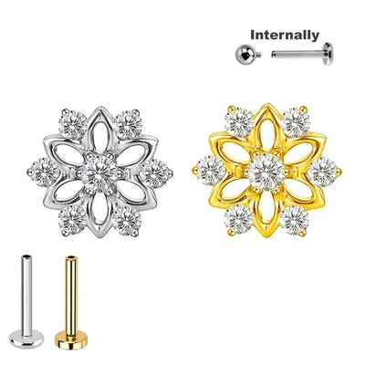 1,2mm Titan Labret große Kristall Blüte Ohr Helix Lobe Piercing Gold Silber - Bild 1 von 3