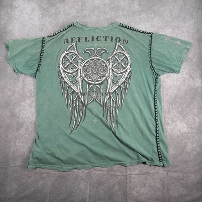 Y2K Affliction Live Fast Green Graphic T-Shirt Distressed