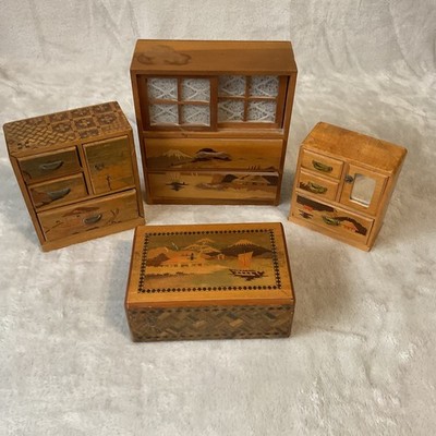 Antique Japanese Wooden Marquetry Yosegi Mini Furniture Puzzle Box Jewelry