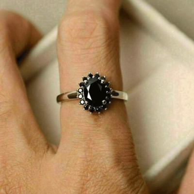 Schwarz Diamant 2Kt Oval Halo Verlobungsring Damen Jubiläum Ring Weißgold-Finish