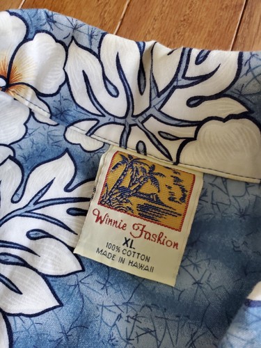 Winnie Fashion Blue White Hibiscus Cotton Button Up Hawaiian Shirt Men's Size XL - Picture 6 of 10