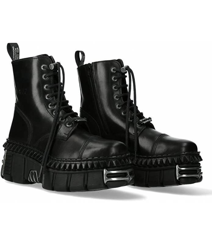 New Rock Botas Unisex Suela Wall Picos con Herrajes y Cordones Color Negro Piel