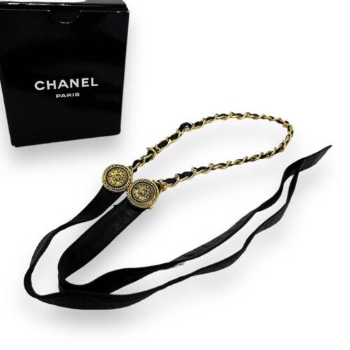 Chanel Chain Belt Coco Mark Coin Ribbon Vintage Leather Motif Gold w/Box