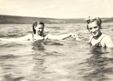 1953 Vintage ORG Photo Two Pretty Women Female Bikini Holding hands in water