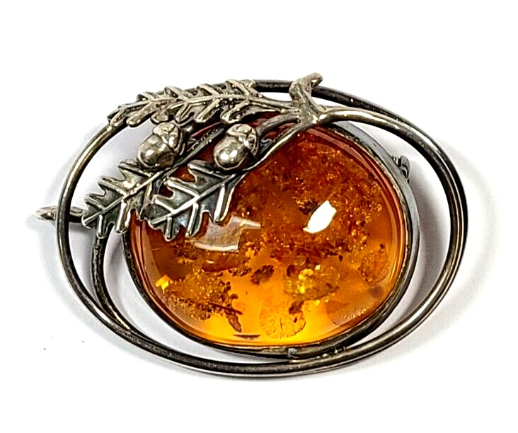 Sterling Silver Large Cabochon Amber Leaf and Acorn Accent Pin Brooch & Pendant