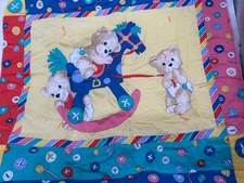 Vintage Baby Blanket Quilt Rocking Horse Teddy Bear Button Yellow Blue