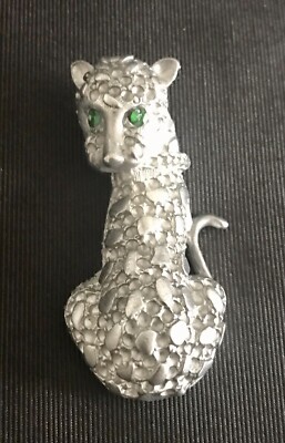 Pewter Leopard Cheetah Cat Green Eyes Tiger King Silver Metal Statue Figurine Y