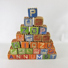 Lot of 28 Vintage Wood Blocks letters animals colors ridged 1.25" x 1.25" x 1.25