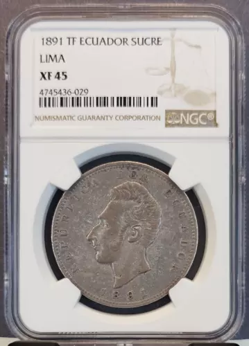 1891 TF ECUADOR SILVER 1 SUCRE LIMA MINT NGC XF 45 SCARCE GREAT COIN