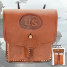 US 1911 Colt Pistol .45 Double Magazine Leather Pouch Replica, Brass Belt Hanger