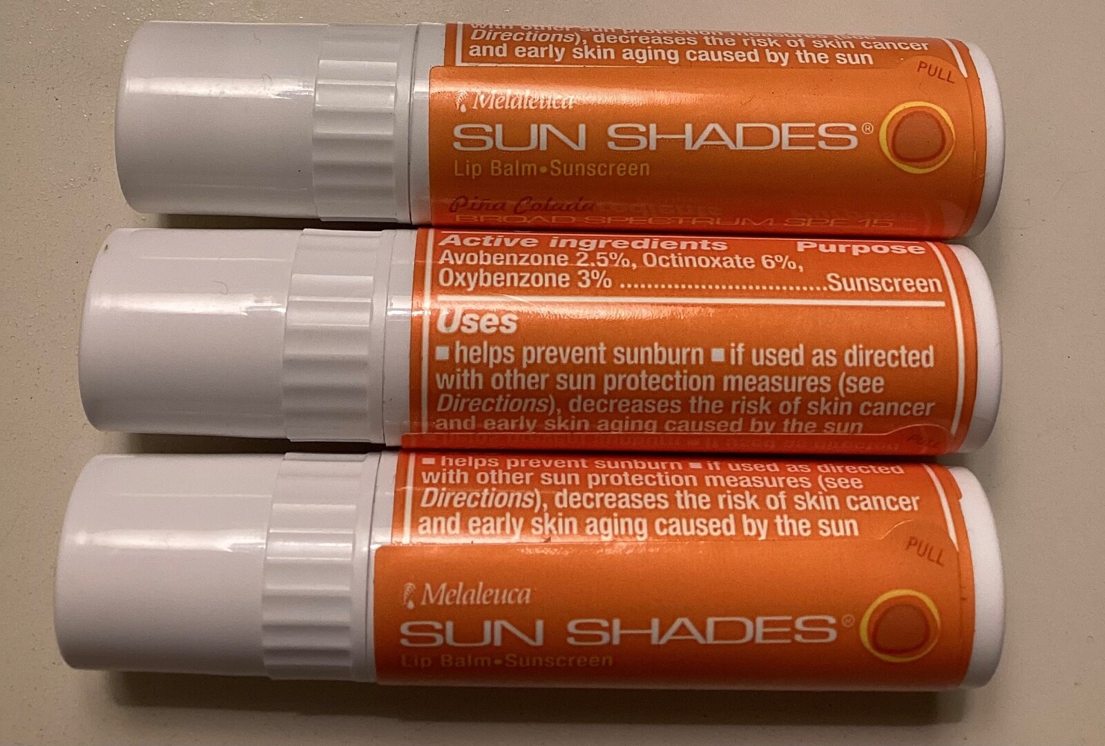 Melaleuca Sun Shades Lip BalmSunscreen SPF 15 Pina Colada Set of 3