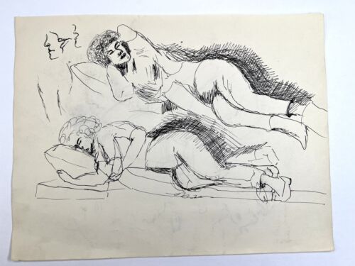 Vintage Tinte zeichnen Frauen schlafen auf Couch Volkskunst Studie 11x14"" Skizzen - Bild 1 von 8