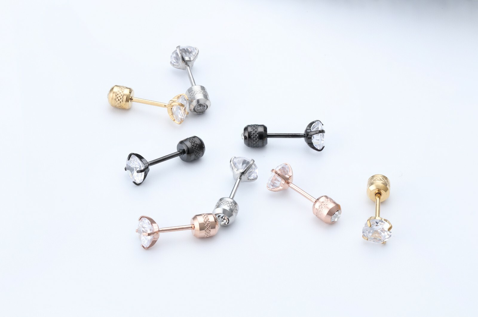 2PCS Silver Stainless Steel Round CZ Earrings Screw Back Ear Stud