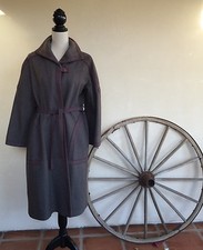 GERMAN WOOL Heavy Loden Gray Burgundy Winter Military Look Long Coat Lined Sz 12
