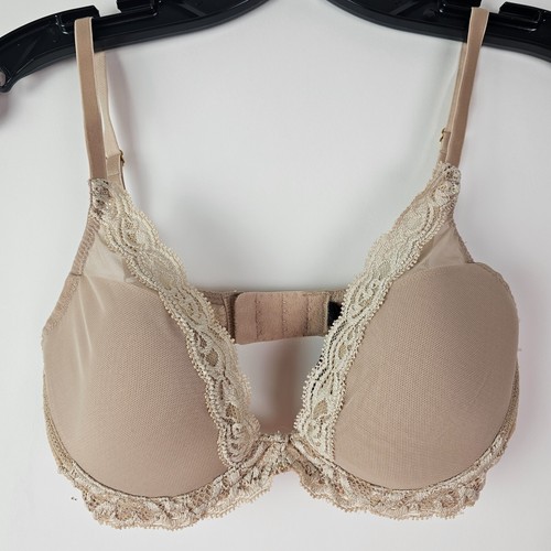 Natori Feathers Contour T-Shirt Plunge Bra Lace Underwire 32C Beige