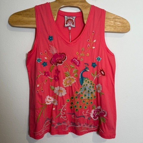 Johnny Was Embroidered Celina Tank Top Raw Edge V-Neck Peacock Floral Pink XL