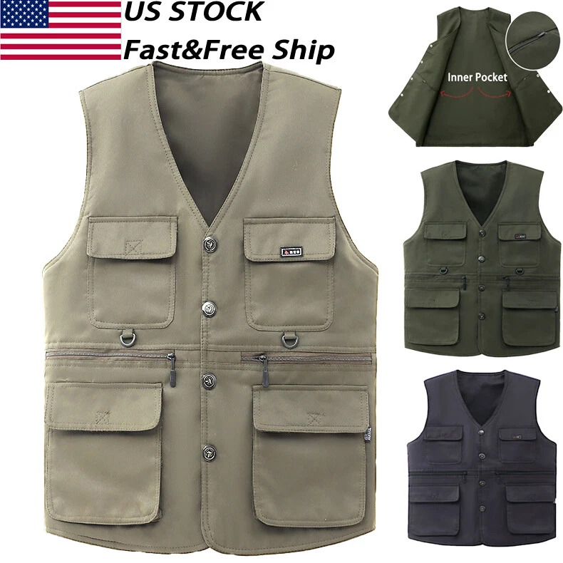 Mens Cargo Multi Pocket Utility Vest Fishing Hiking Camping Gilet Waistcoat Tops
