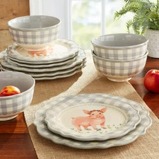 The Pioneer Woman Gingham Gray Stoneware 12-Piece Dinnerware Set *FREE SHIPPING*