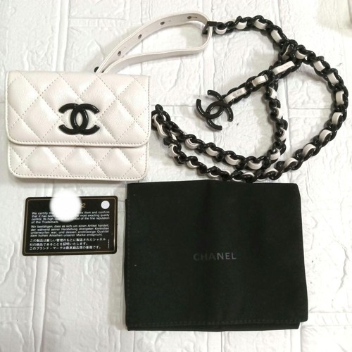 Chanel Waist Bag 30s Grain Calfskin White Flap Chain Belt Used