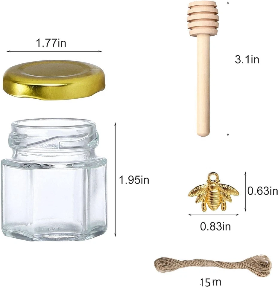 Mini frascos de miel de vidrio hexagonales de 1,5 oz - paquete de 30 con madera dorada  Foto 2 de 4