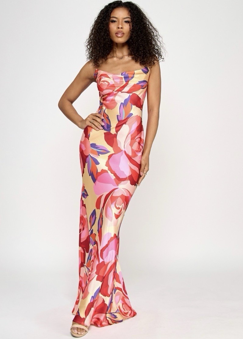 Katia Rae Juniors' Printed Open-Back Gown - Pink Multi, Size-M