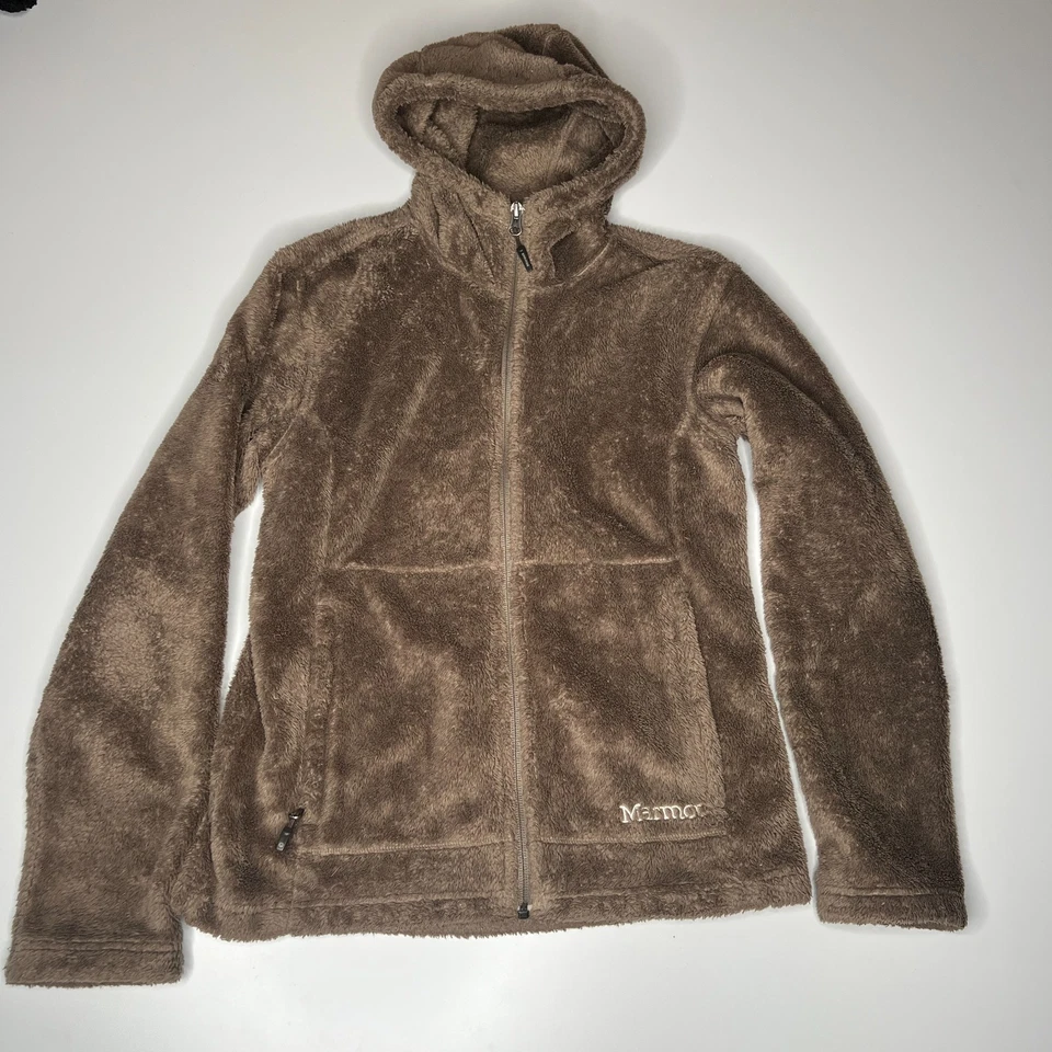 Chaqueta con Capucha Marmot Marrón Polar Cremallera Completa Para Mujer Talla S Acogedora Felpa Exterior