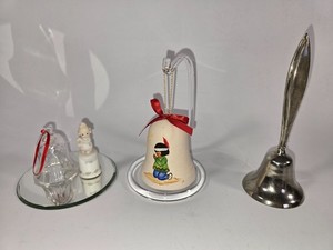 Sterling Silver Handled Bell, Crystal, Ceramic & Glass bells - Lot of 4 Bells