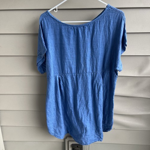 Terzo Millennio Italy Linen Top Womens Size Large Blue Embroidered Hi-Lo Hem - Picture 2 of 7