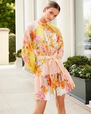 Antonio Melani SZ 0 Brynn Peach Floral Mock Neck Long Sleeve Belted Dress NWT
