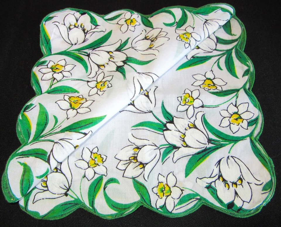 De colección Hankie Floral Borde Blancanieves Algodón Centro Festoneado Foto 4 de 4