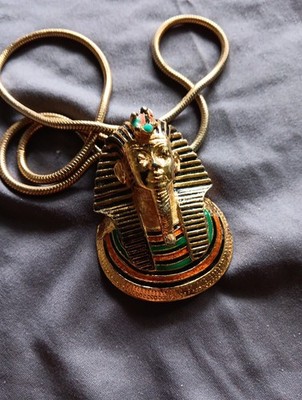 Vintage Rare Eisenberg 1970's Large Gold Tone King Tutankhamun Pendant Necklace