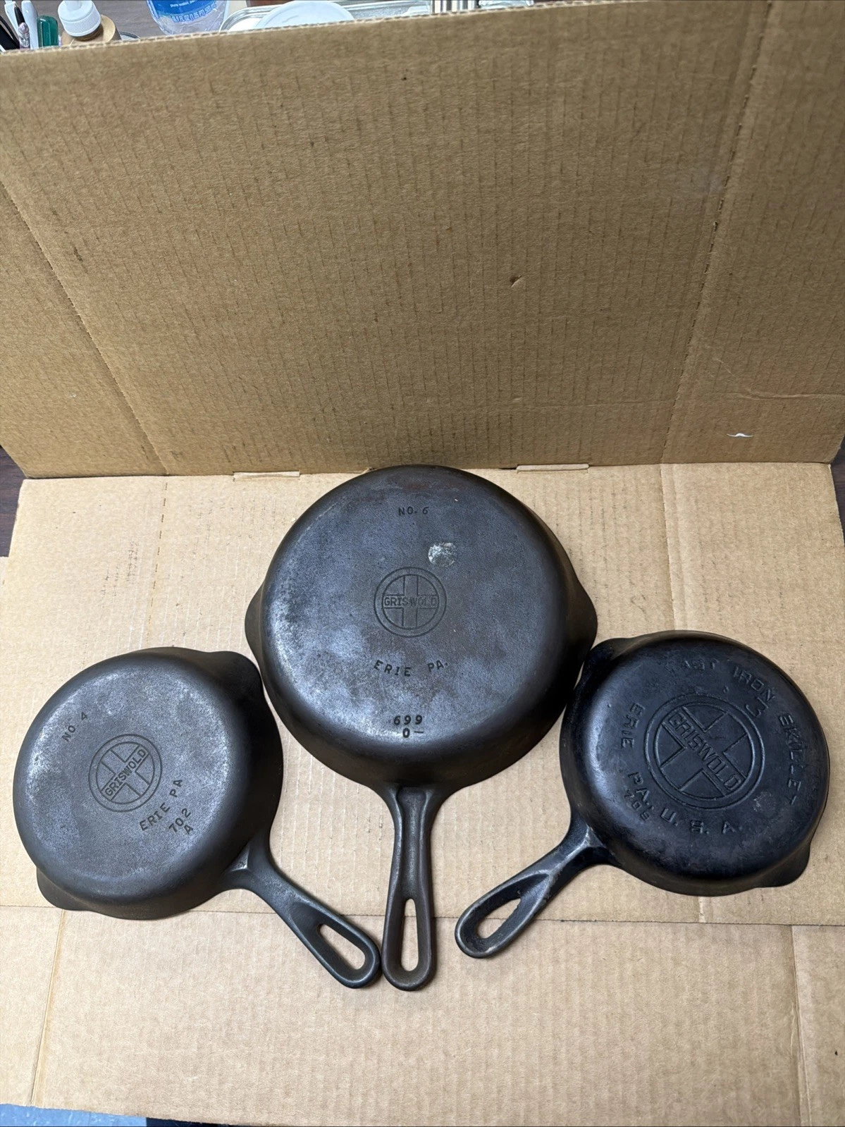 3- Griswold Cast Iron Skillets, #3(709), #4(702 A), & #6(699) Flat Bottom