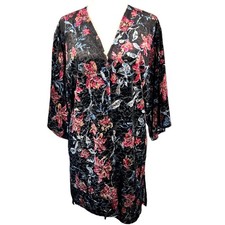 Burnout Velvet Kimono Open Front Cardigan Black Floral Small